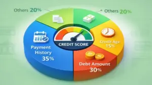 Pie chart illustrating credit score calculation factors including 35% payment history and 30% amounts owed for 2026.